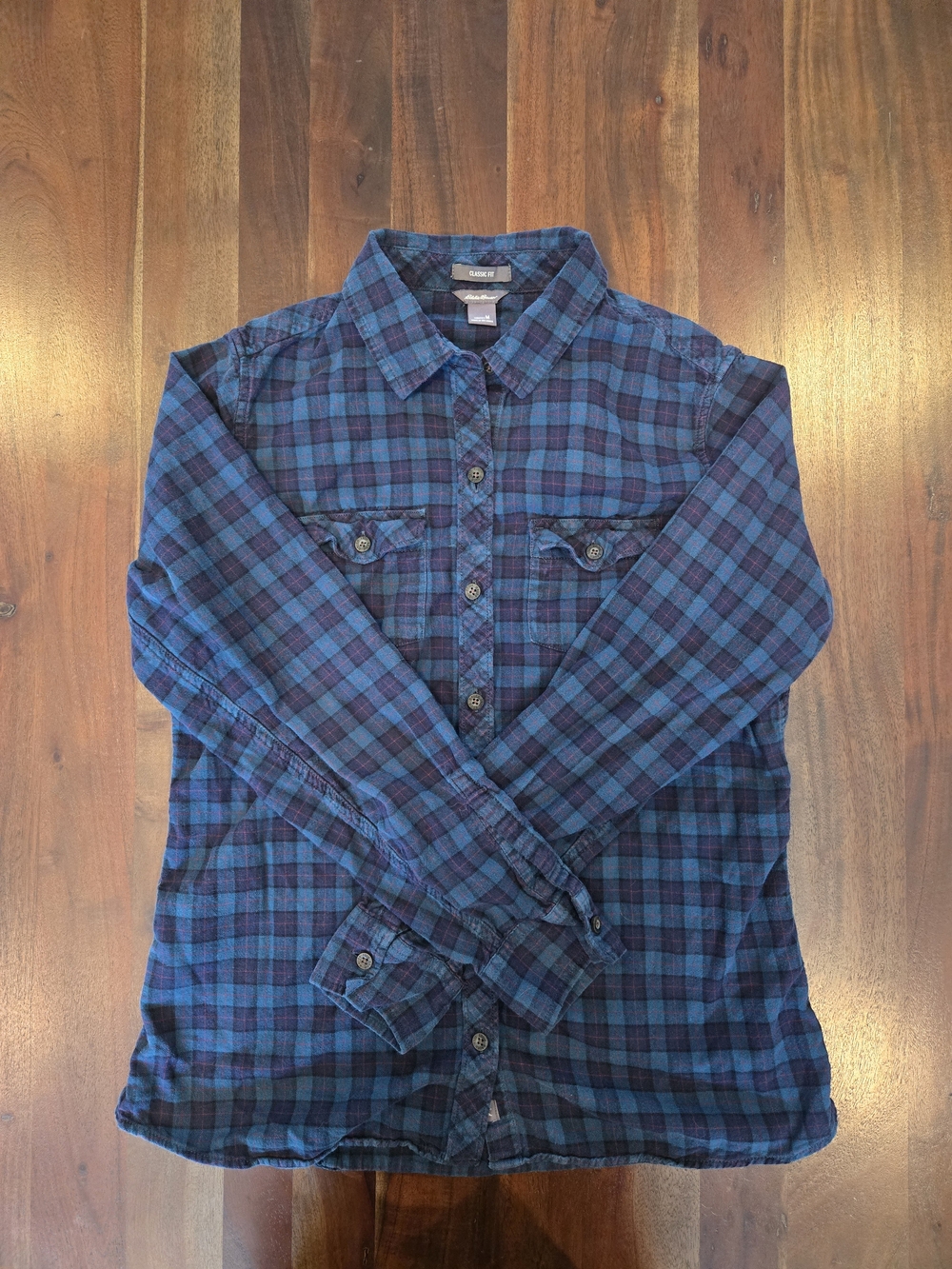 Eddie Bauer Classic Blue 100% Cotton Plaid Button-Down Shirt Women's Medium